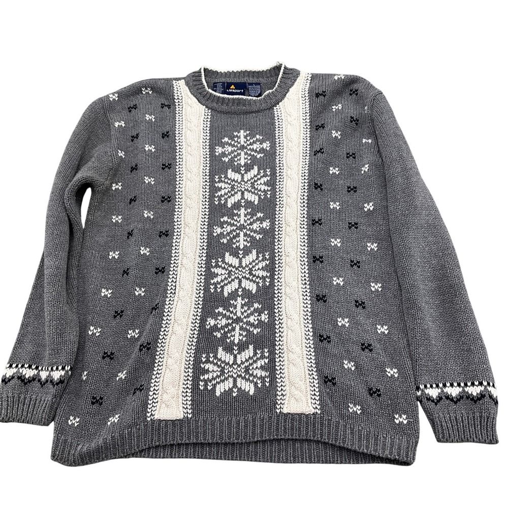 Lizsport Sweater Women Large Gray‎ White Snowflake Cable Knit Pullover Cotton